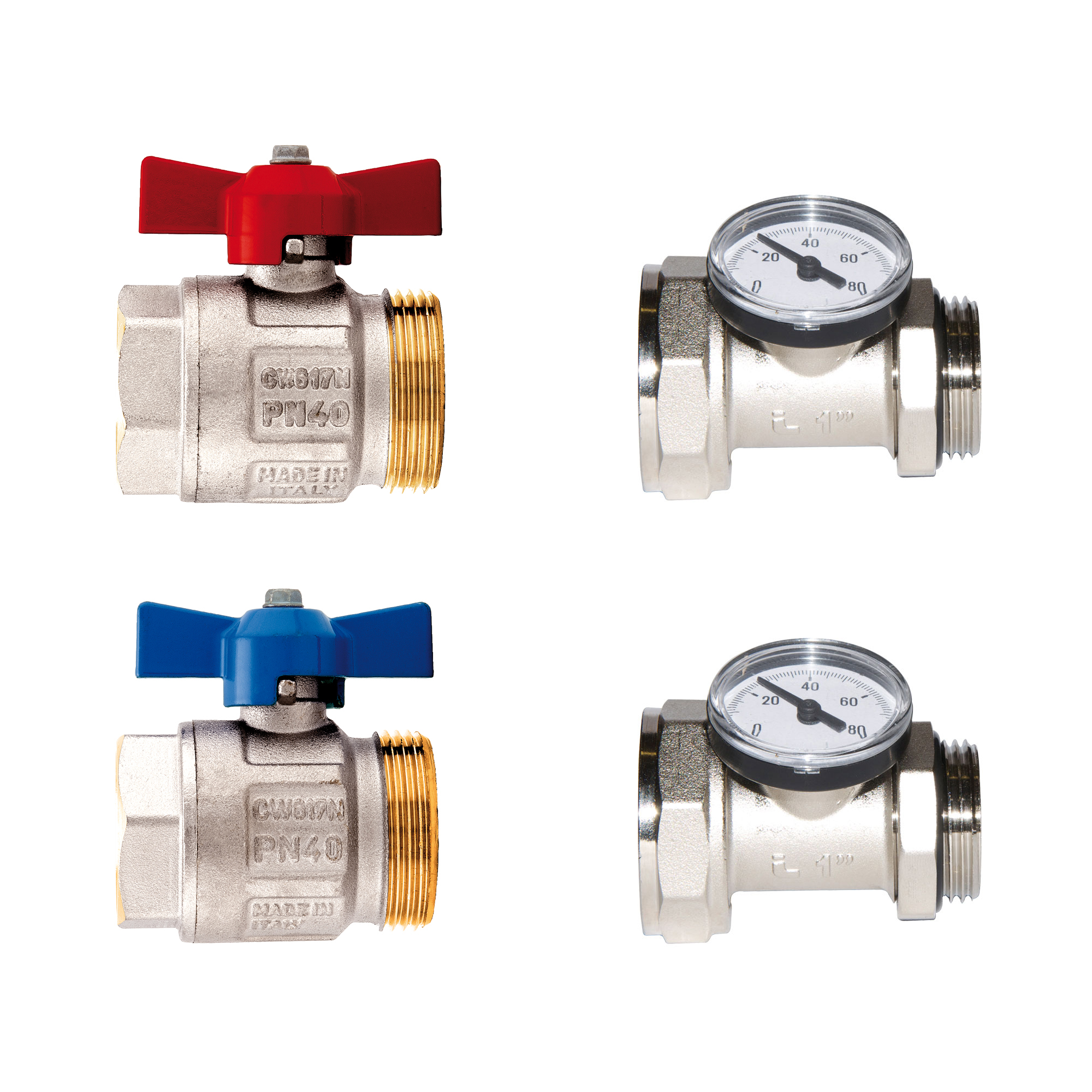 Kit vannes droites à boisseau sphérique Ideal, passage intégral avec joint torique et raccord porte-thermomètre pour collecteurs